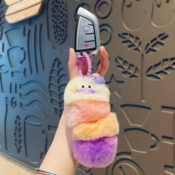 Ugly Cute Caterpillar Keychain - Fuzzy Worm Bag Charm with Big Eyes